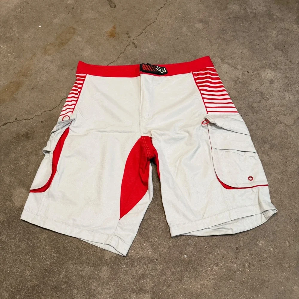 Fox Racing Board Shorts Mens 38 Gray Red Striped Cargo Motocross Swim Trunks
